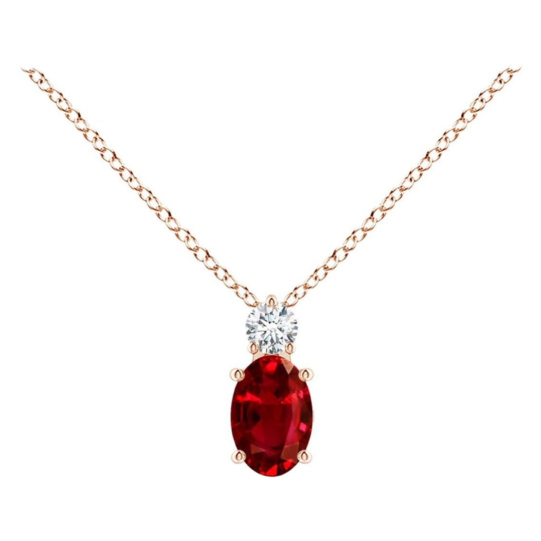 Angara Natural Oval Ruby Solitaire Pendant with Diamond in 14K Solid Gold