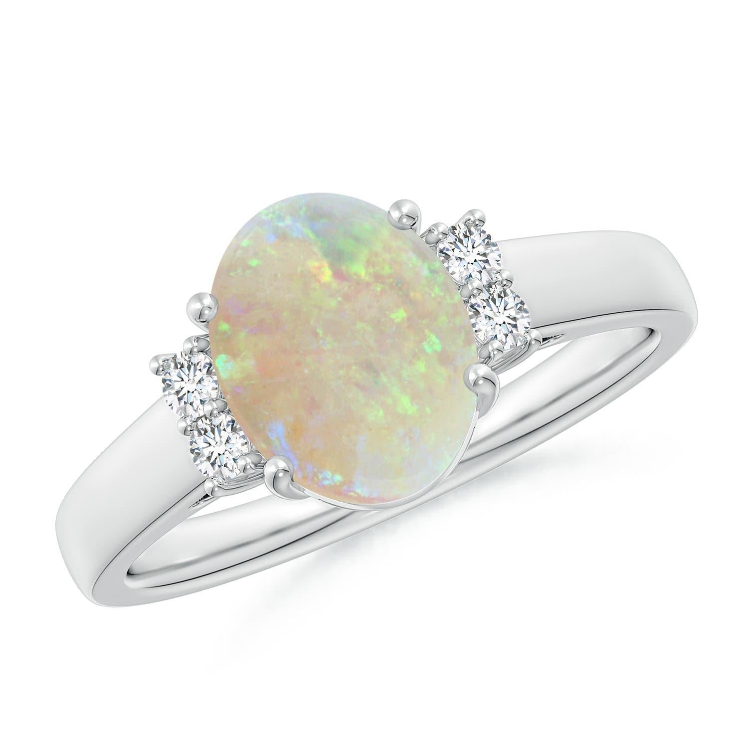 Angara Natural Oval-Shape 1.1ct Opal Solitaire Ring with Diamond 14K Solid Gold For Sale 2
