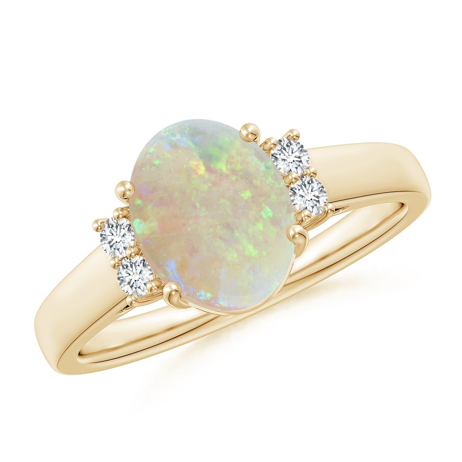 Angara Natural Oval-Shape 1.1ct Opal Solitaire Ring with Diamond 14K Solid Gold For Sale 3