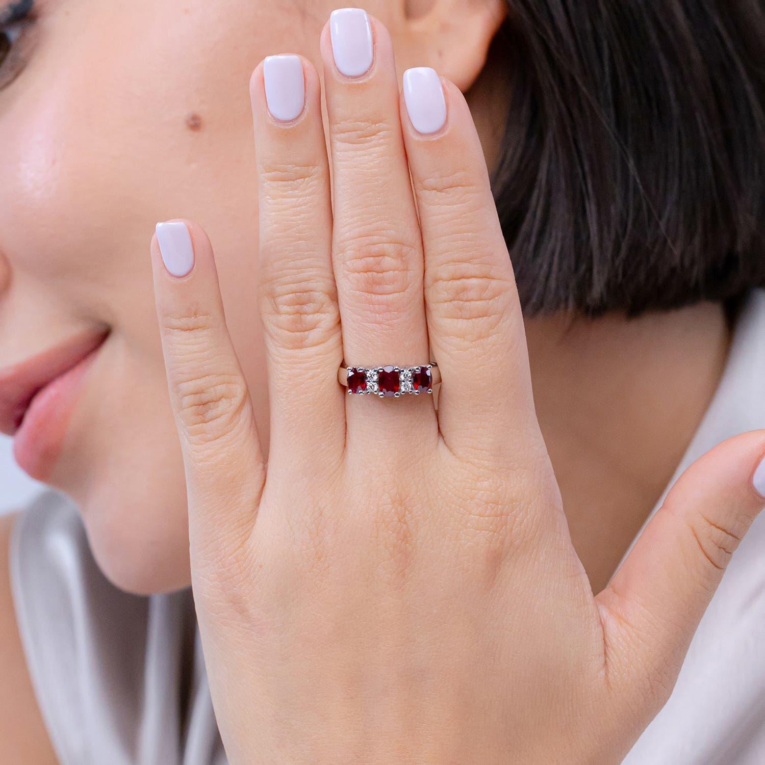 Modern Angara Natural Oval Three Stone Ruby Engagement Ring with Diamonds in 14K Gold For Sale