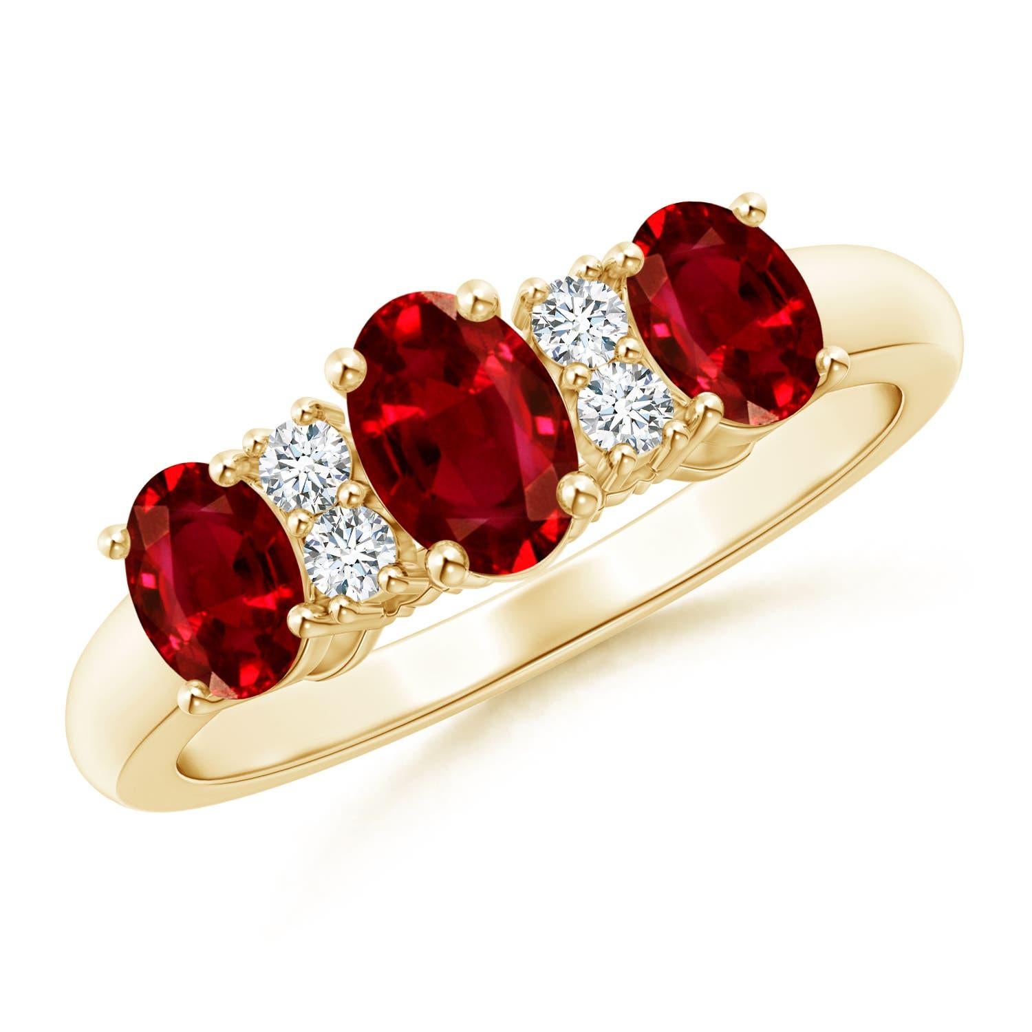 Women's Angara Natural Oval Three Stone Ruby Engagement Ring with Diamonds in 14K Gold For Sale