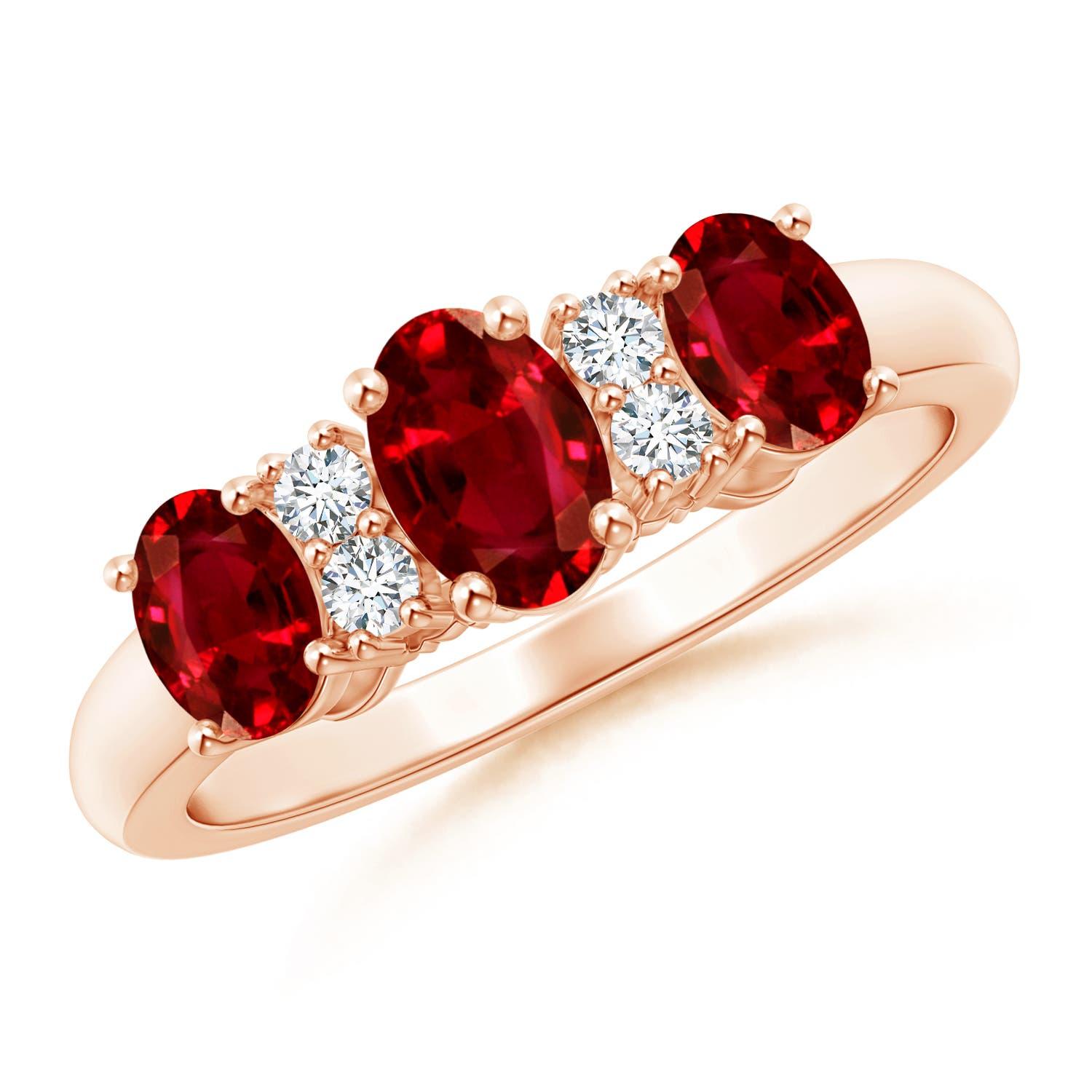 Angara Natural Oval Three Stone Ruby Engagement Ring with Diamonds in 14K Gold For Sale 1