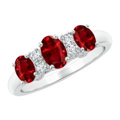 Angara Natural Oval Three Stone Ruby Engagement Ring with Diamonds in 14K Gold