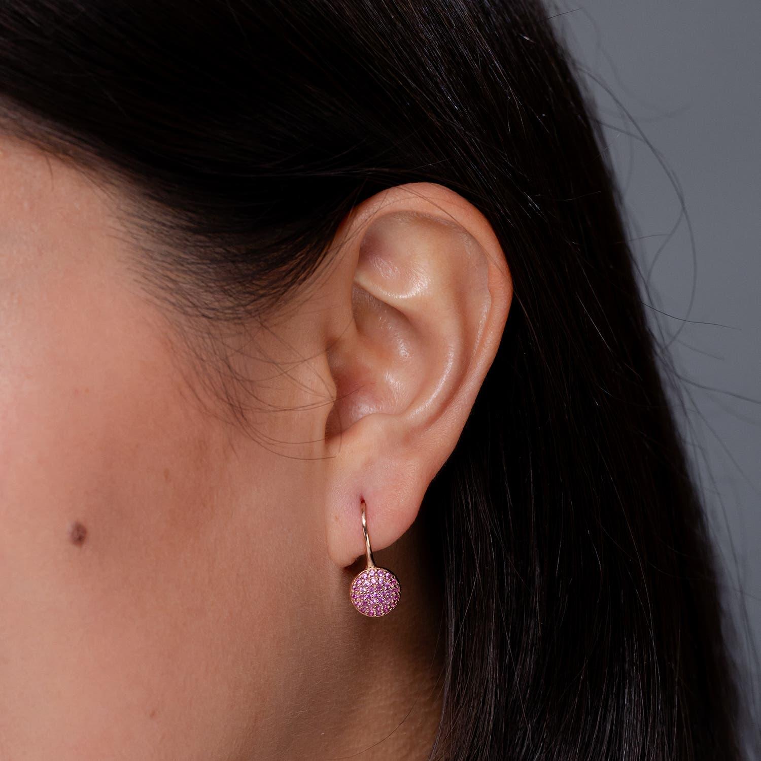 Round Cut Angara Natural Pave Set Pink Sapphire Circle Earrings with Fish Hook in 14K Gold For Sale