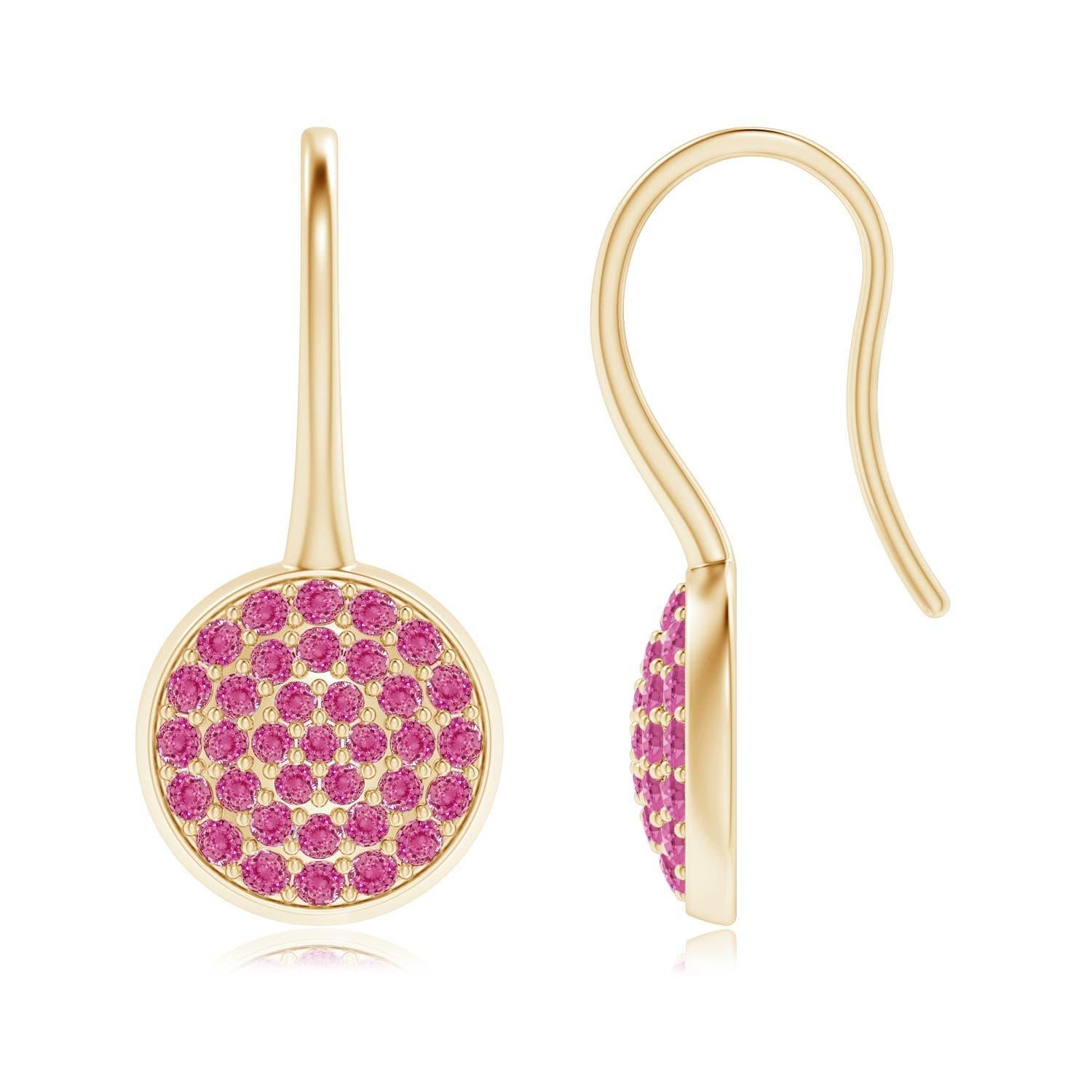 Angara Natural Pave Set Pink Sapphire Circle Earrings with Fish Hook in 14K Gold In New Condition For Sale In Los Angeles, CA