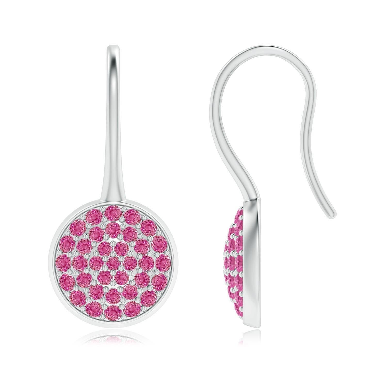 Women's Angara Natural Pave Set Pink Sapphire Circle Earrings with Fish Hook in 14K Gold For Sale