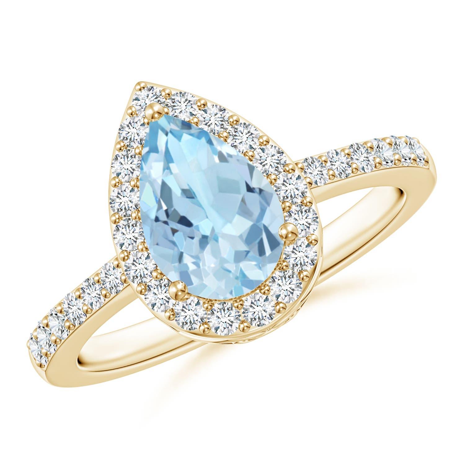 Angara Bague aigue-marine poire naturelle 1,12 ct avec halo de diamants en or massif 14K en vente 2