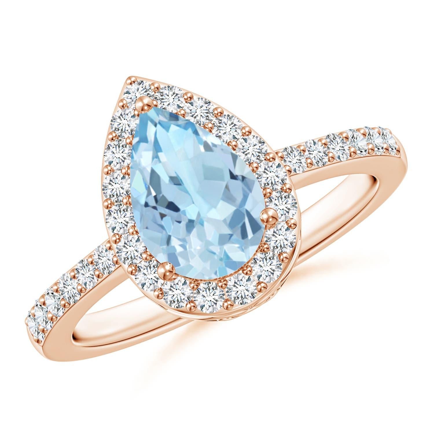 Angara Bague aigue-marine poire naturelle 1,12 ct avec halo de diamants en or massif 14K en vente 3