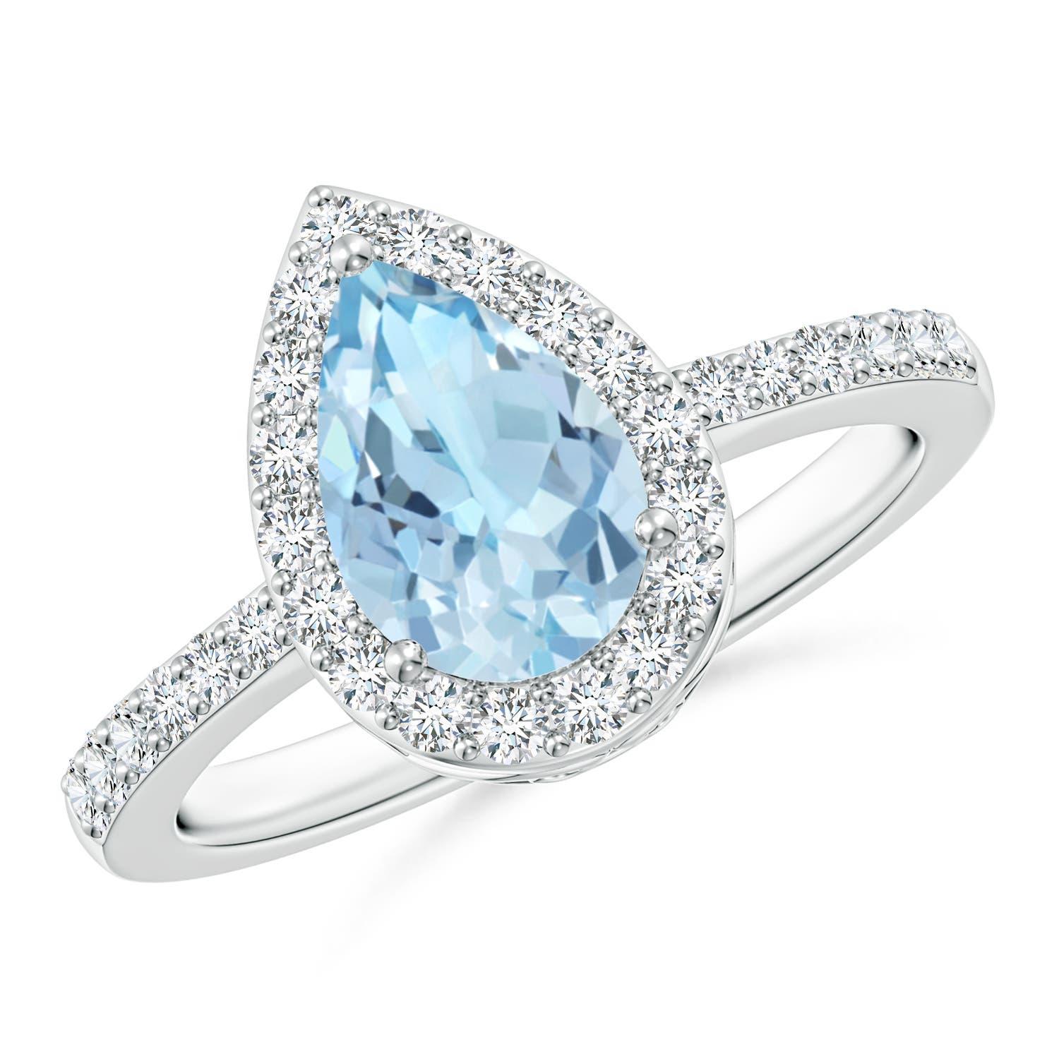 Angara Bague aigue-marine poire naturelle 1,12 ct avec halo de diamants en or massif 14K