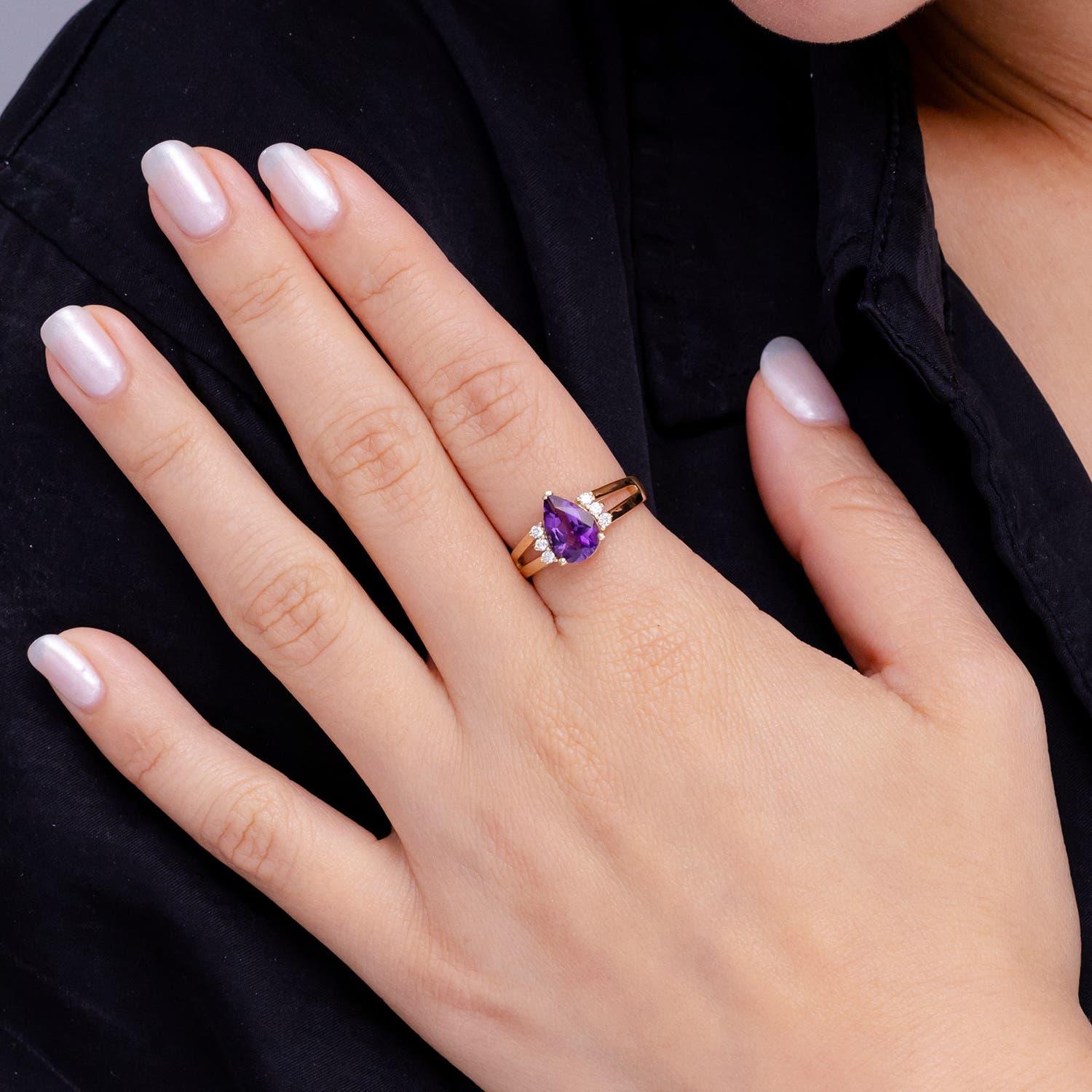 Anillo Angara de amatista natural pera de 1,6 ct con detalles de diamantes en oro macizo de 14 quilates Corte pera en venta