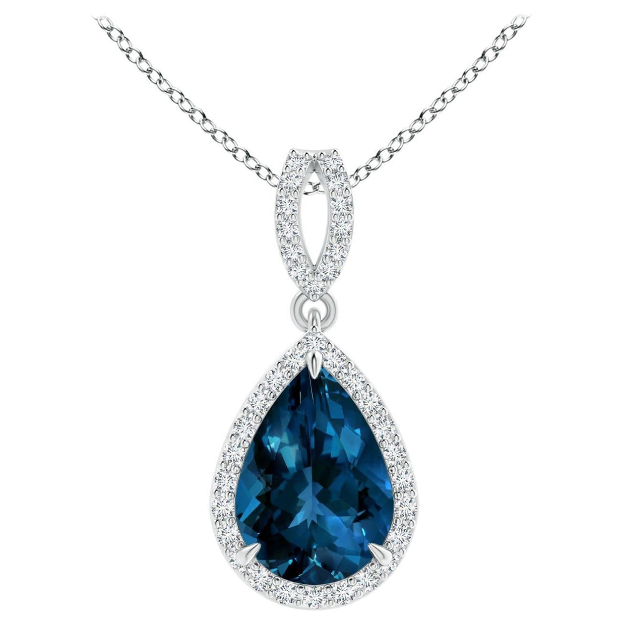 Angara Natural Pear 2.3 ct London Blue Topaz Halo Pendant in 14K Solid Gold