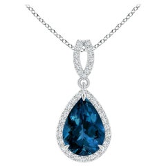 Angara Natural Pear 2.3 ct London Blue Topaz Halo Pendant in 14K Solid Gold