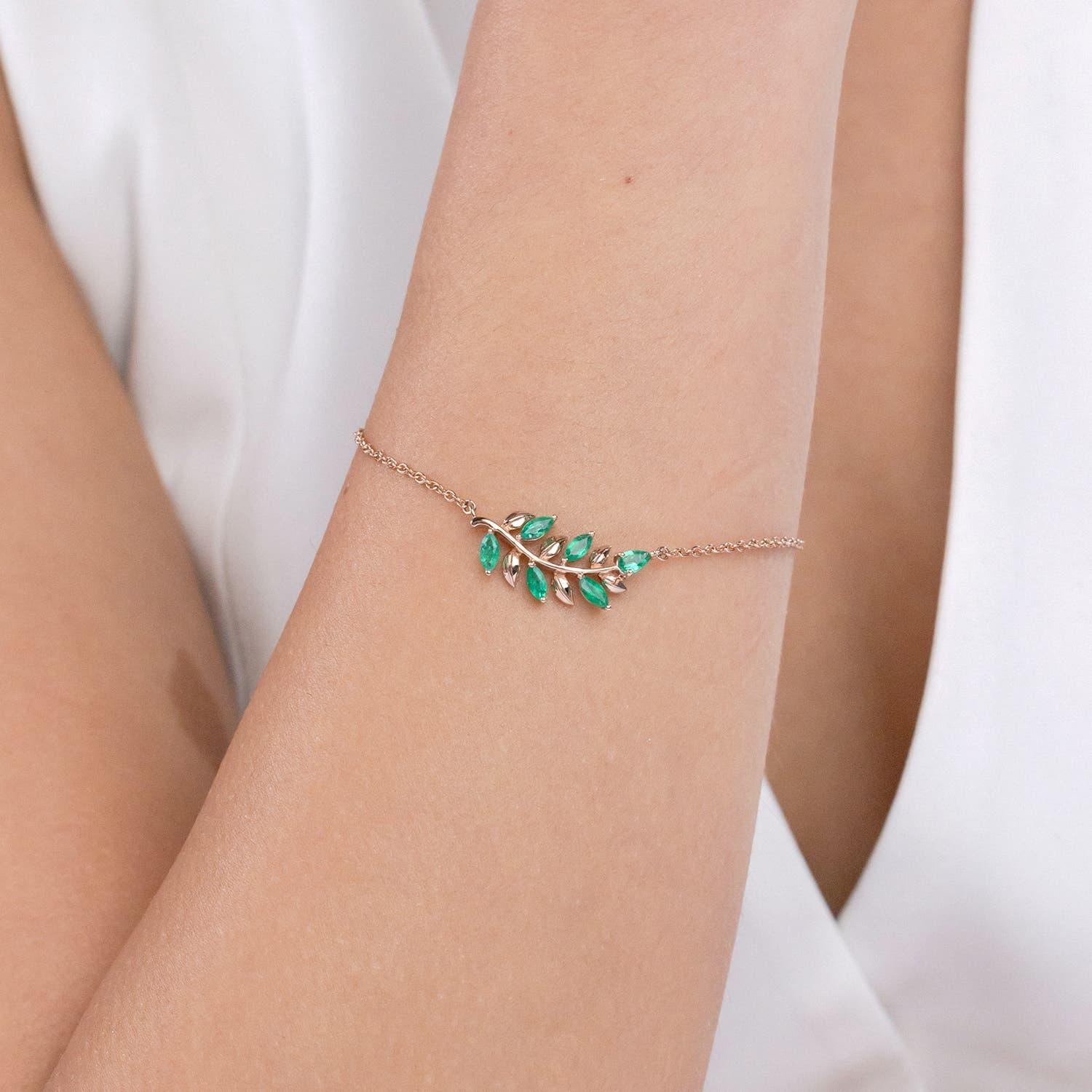 Modern Angara Natural Pear and Marquise Emerald Olive Branch Bracelet in 14K Solid Gold For Sale
