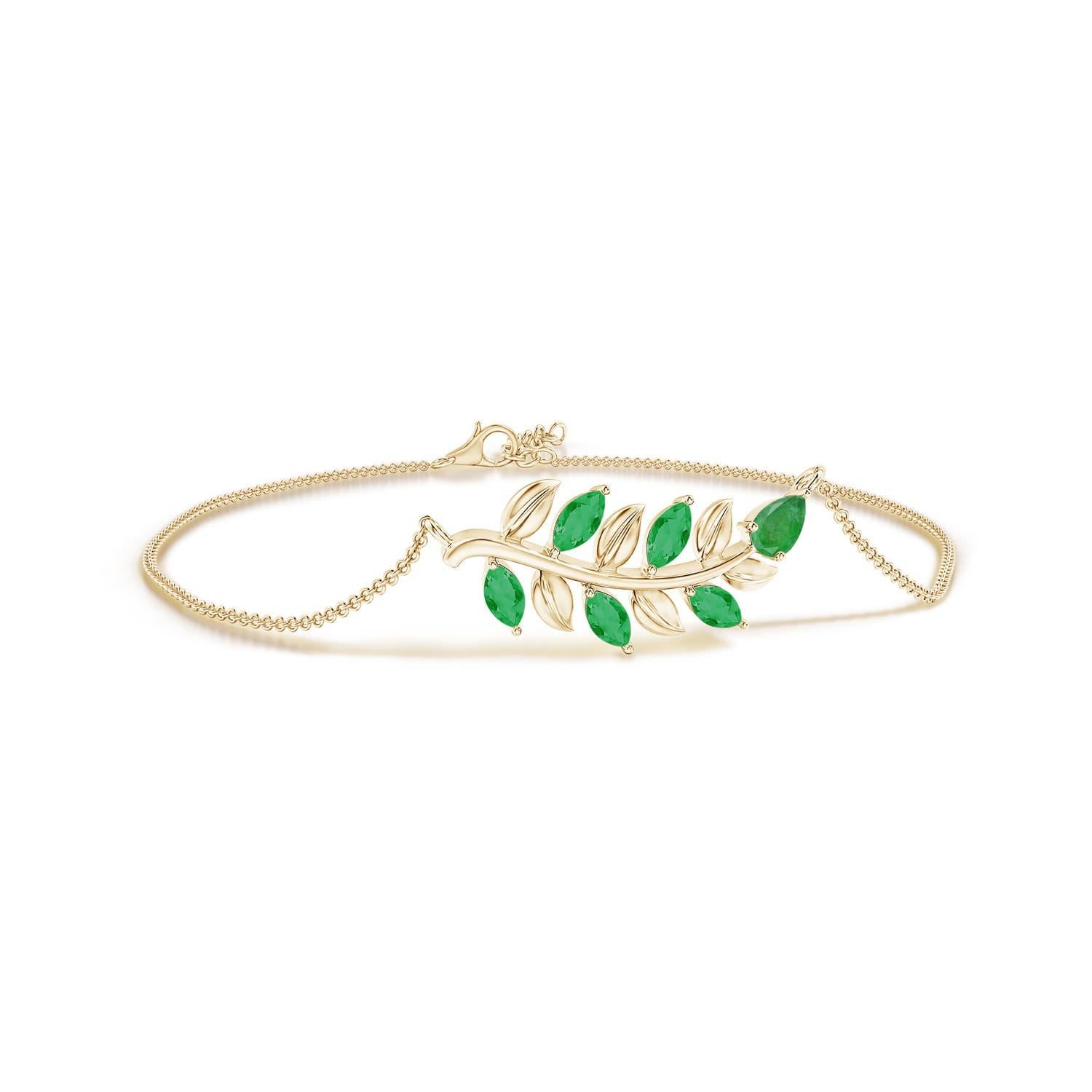 Angara Natural Pear and Marquise Emerald Olive Branch Bracelet in 14K Solid Gold For Sale 1