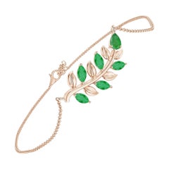 Angara Pulsera de Pera Natural y Esmeralda Marquesa Rama de Olivo en Oro Macizo de 14K
