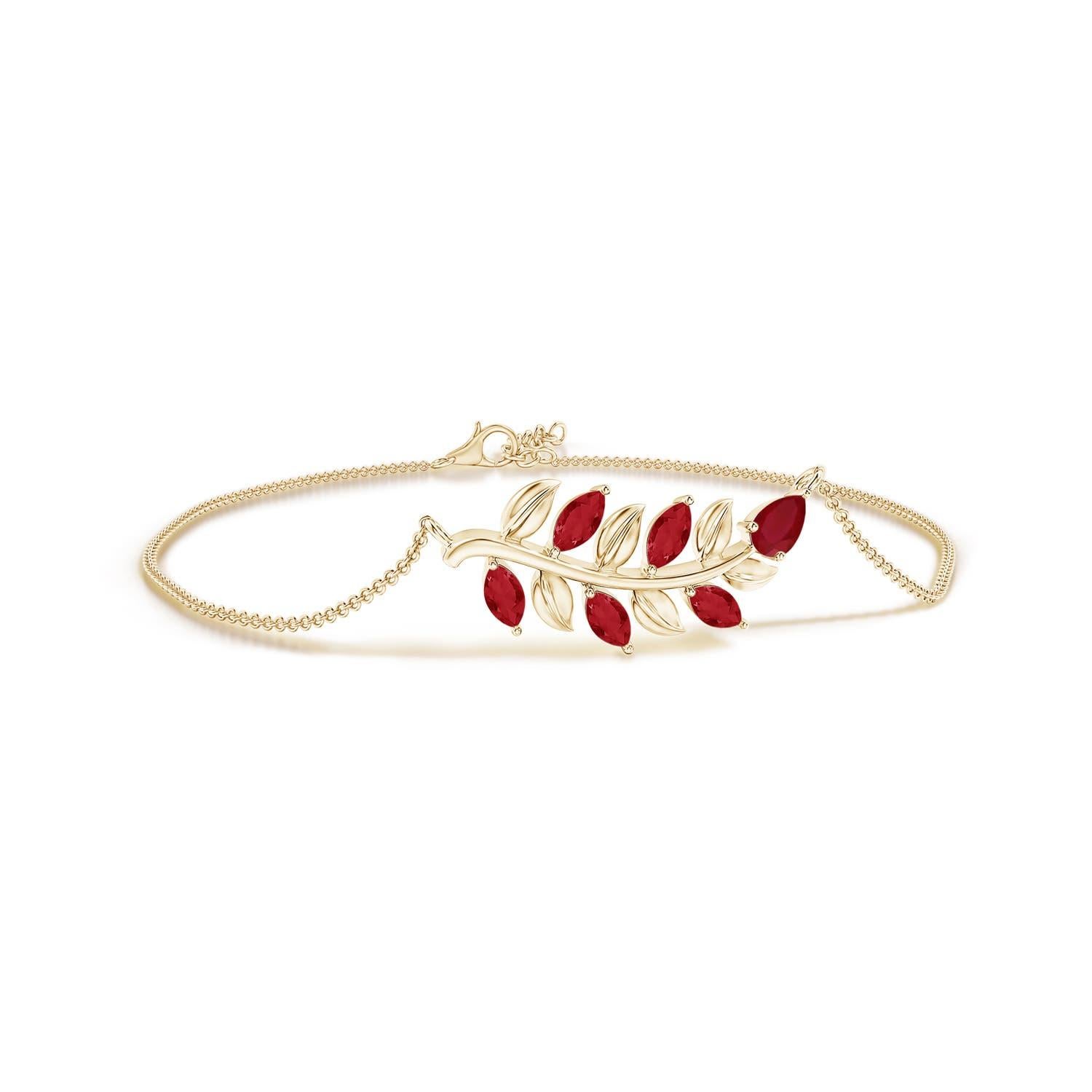 Women's Angara Natural Pear and Marquise Ruby Olive Branch Bracelet in 14K Solid Gold For Sale