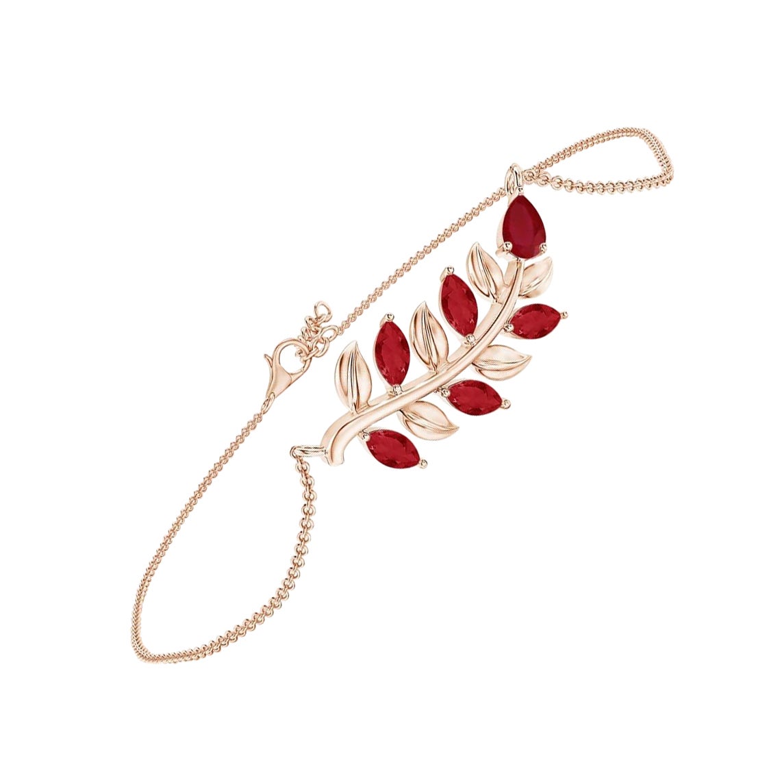 Angara Natural Pear and Marquise Ruby Olive Branch Bracelet in 14K Solid Gold