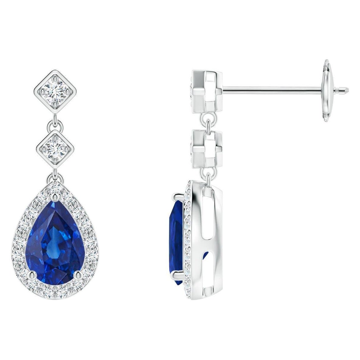 Pendants d
oreilles Angara en or 14 carats, saphir bleu poire avec halo de diamants