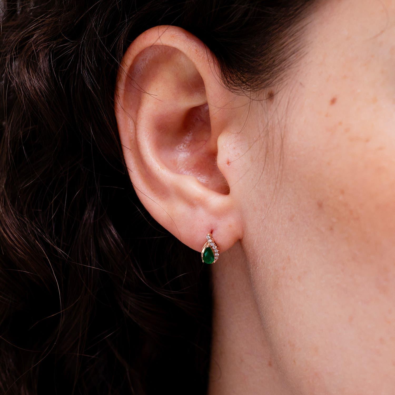 Modern Angara Natural Pear Emerald Earrings with Diamond Swirl Frame in 14K Solid Gold For Sale