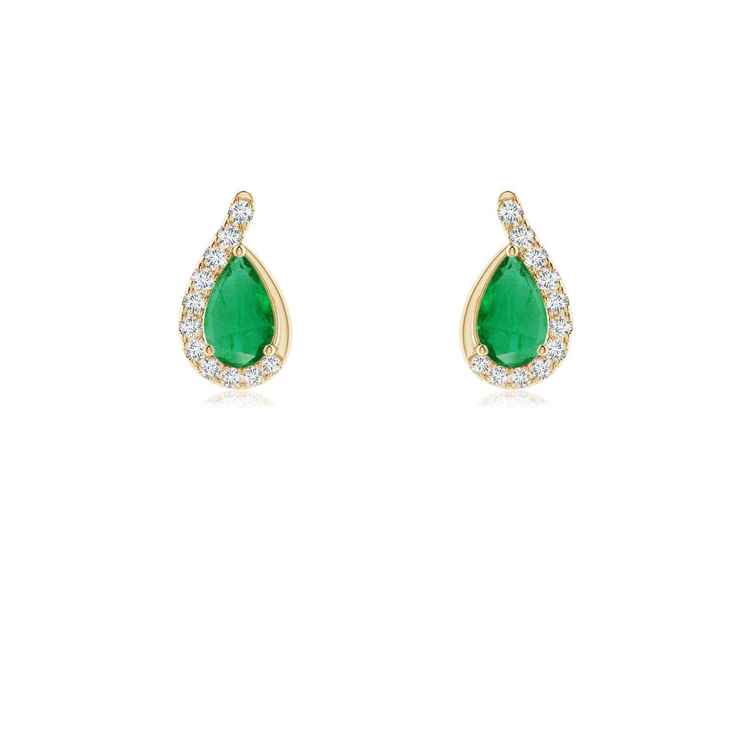 Angara Natural Pear Emerald Earrings with Diamond Swirl Frame in 14K Solid Gold For Sale 1