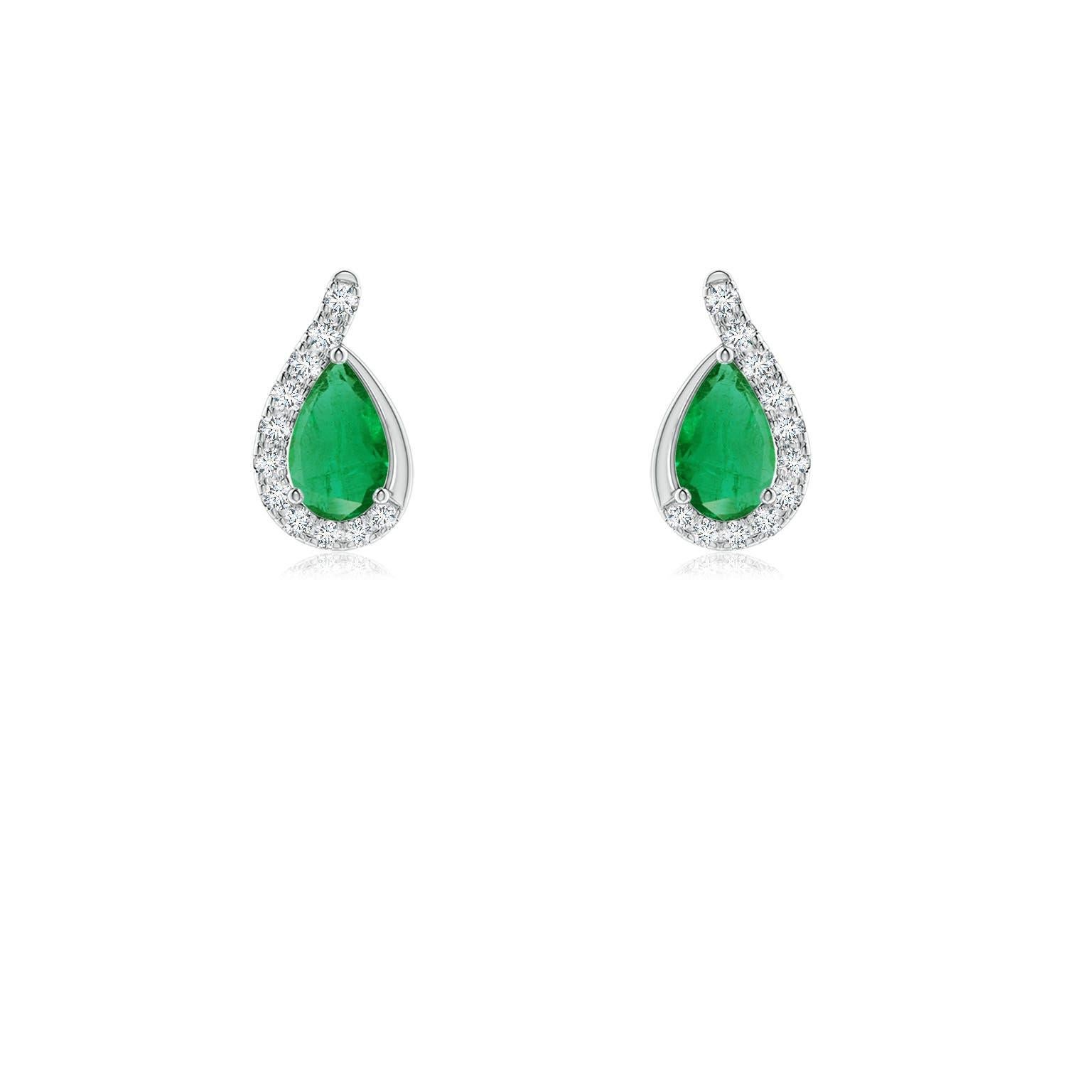 Angara Natural Pear Emerald Earrings with Diamond Swirl Frame in 14K Solid Gold For Sale 2