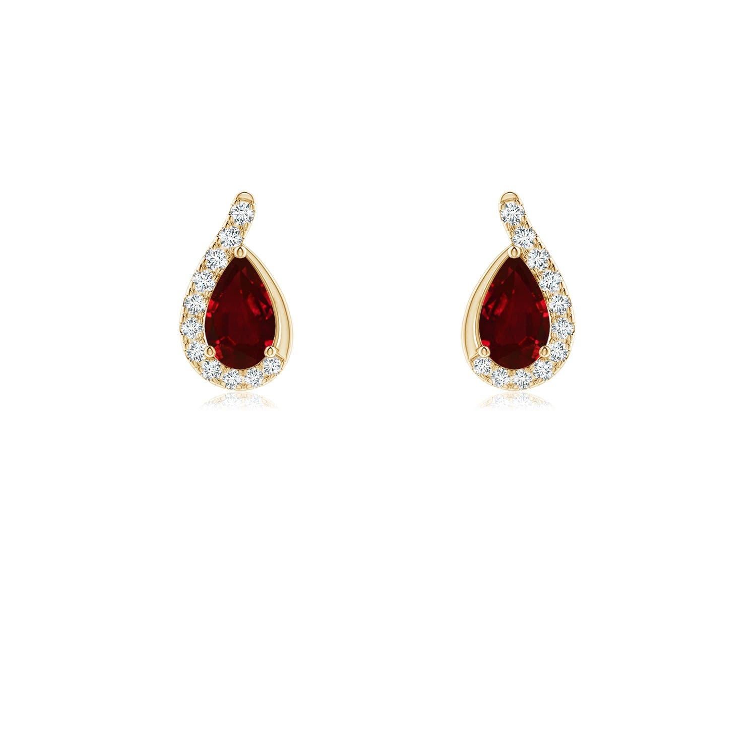 Boucles d'oreilles Angara en or massif 14 carats, rubis poire naturel avec monture tourbillonnante en diamant en vente 2