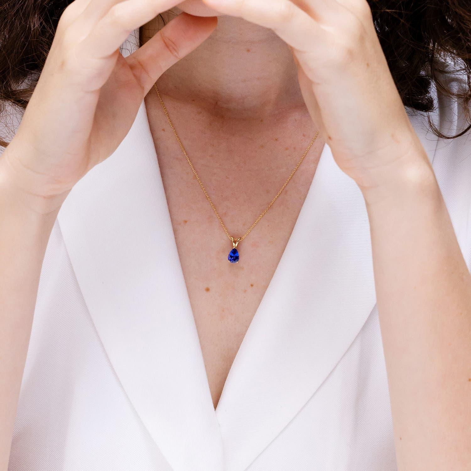 Modern Angara Natural Pear-Shaped 1.1ct Tanzanite Solitaire Pendant in 14K Solid Gold For Sale
