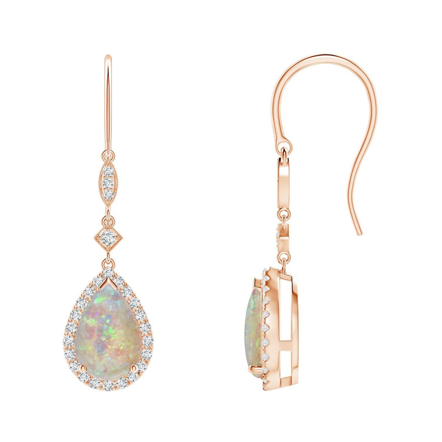 Angara Natural Pear-Shaped 1.6ct Opal Drop Earring with Diamond Halo in 14K Gold
