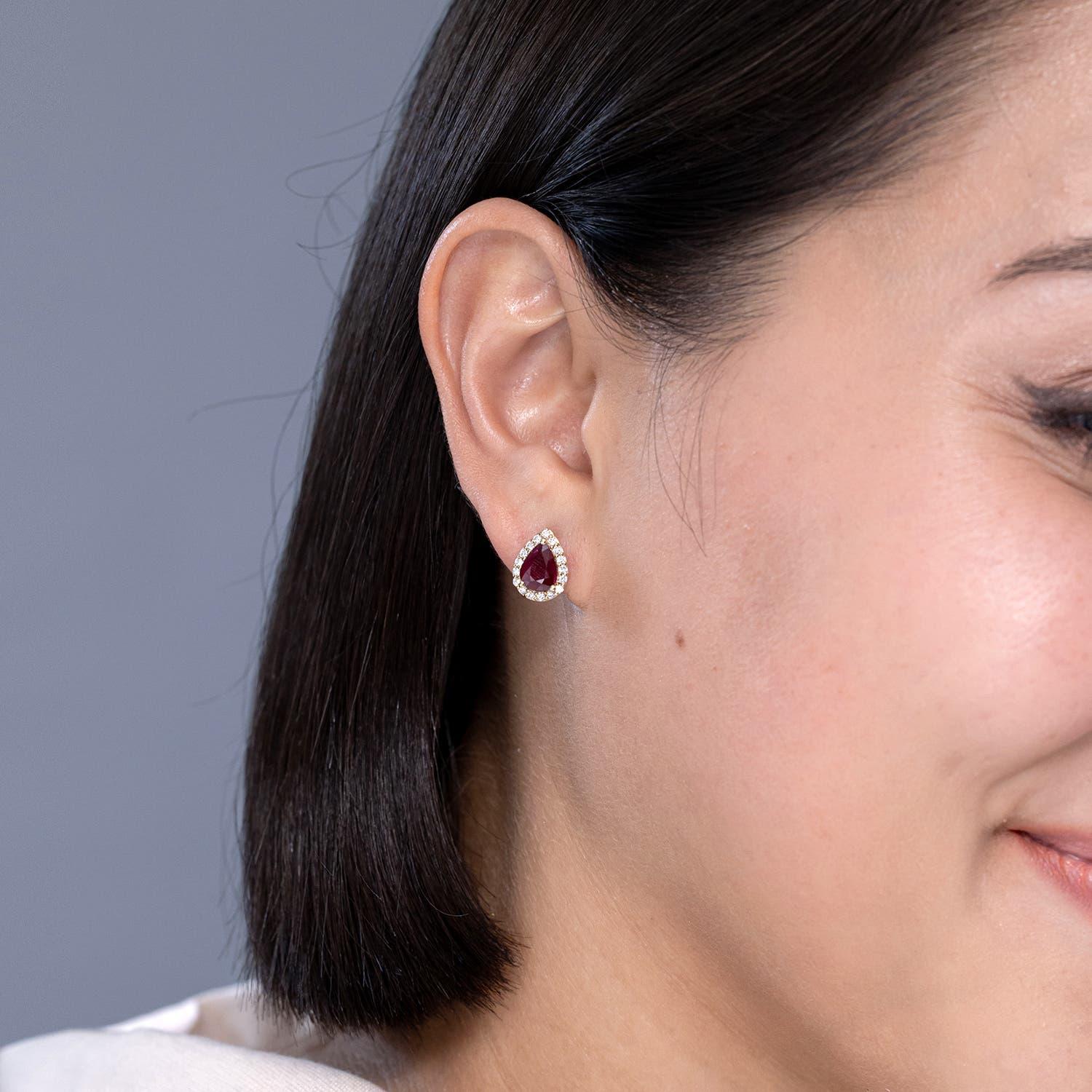 Modern Angara Natural Pear-Shaped 2.3 ct Ruby Halo Stud Earrings in 14K Solid Gold For Sale