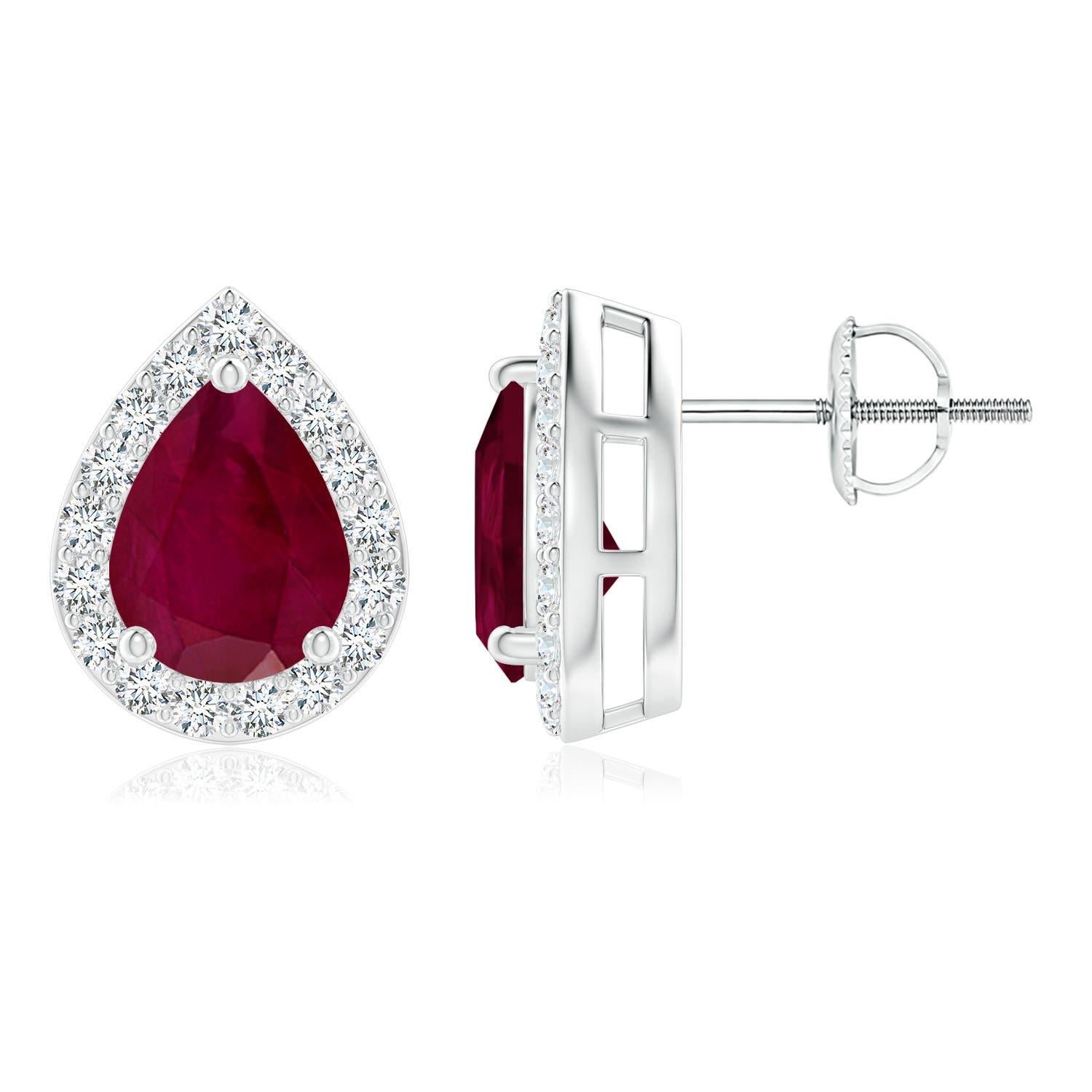 Angara Natural Pear-Shaped 2.3 ct Ruby Halo Stud Earrings in 14K Solid Gold In New Condition For Sale In Los Angeles, CA