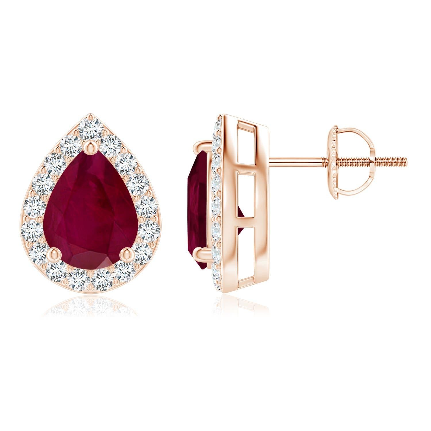 Women's Angara Natural Pear-Shaped 2.3 ct Ruby Halo Stud Earrings in 14K Solid Gold For Sale