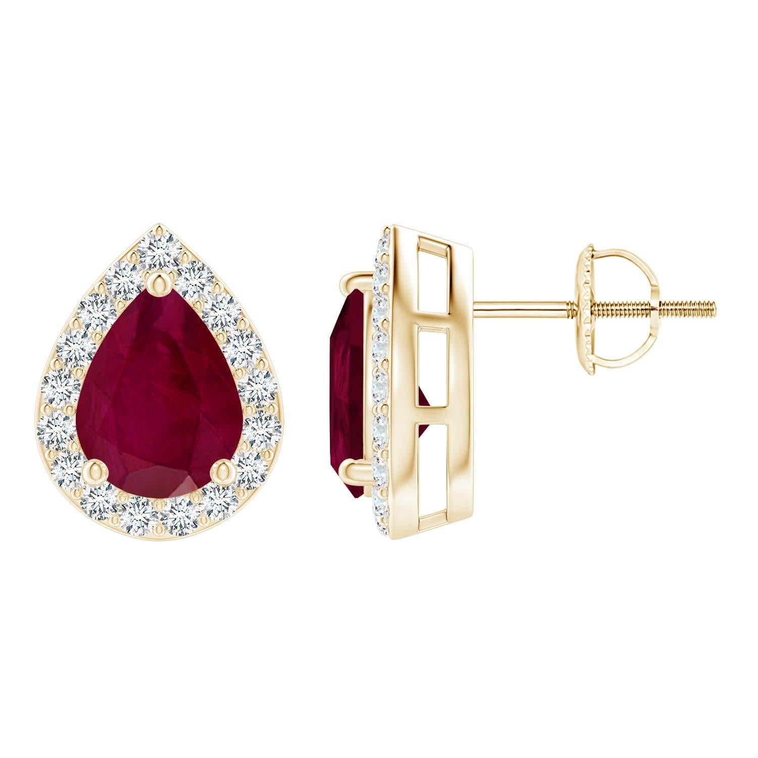 Pendientes de oro macizo de 14 quilates con halo de rubí natural de 2,3 ct en forma de pera de Angara
