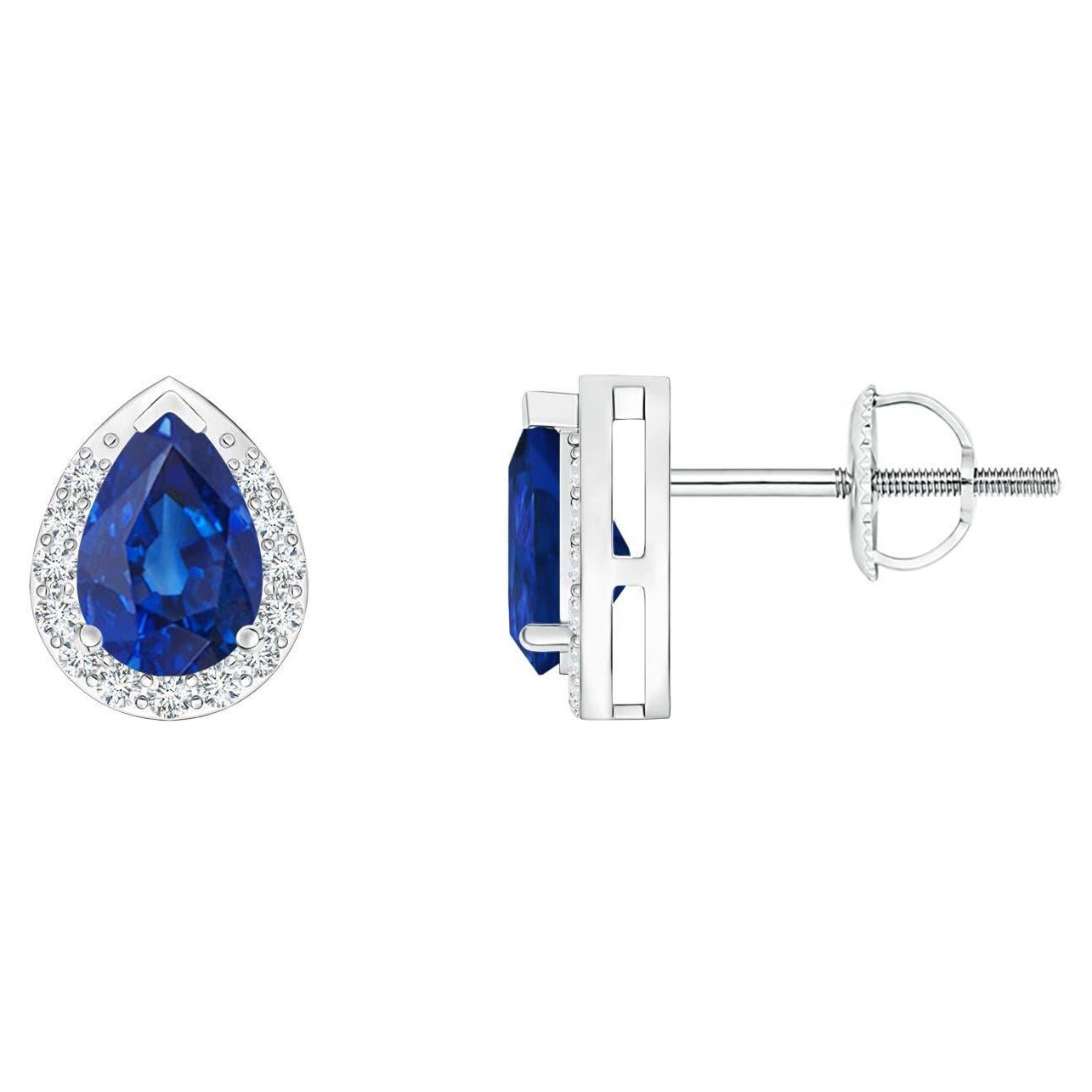 Angara - Boucles d
oreilles saphir bleu en forme de poire avec diamant en or 14 carats en vente
