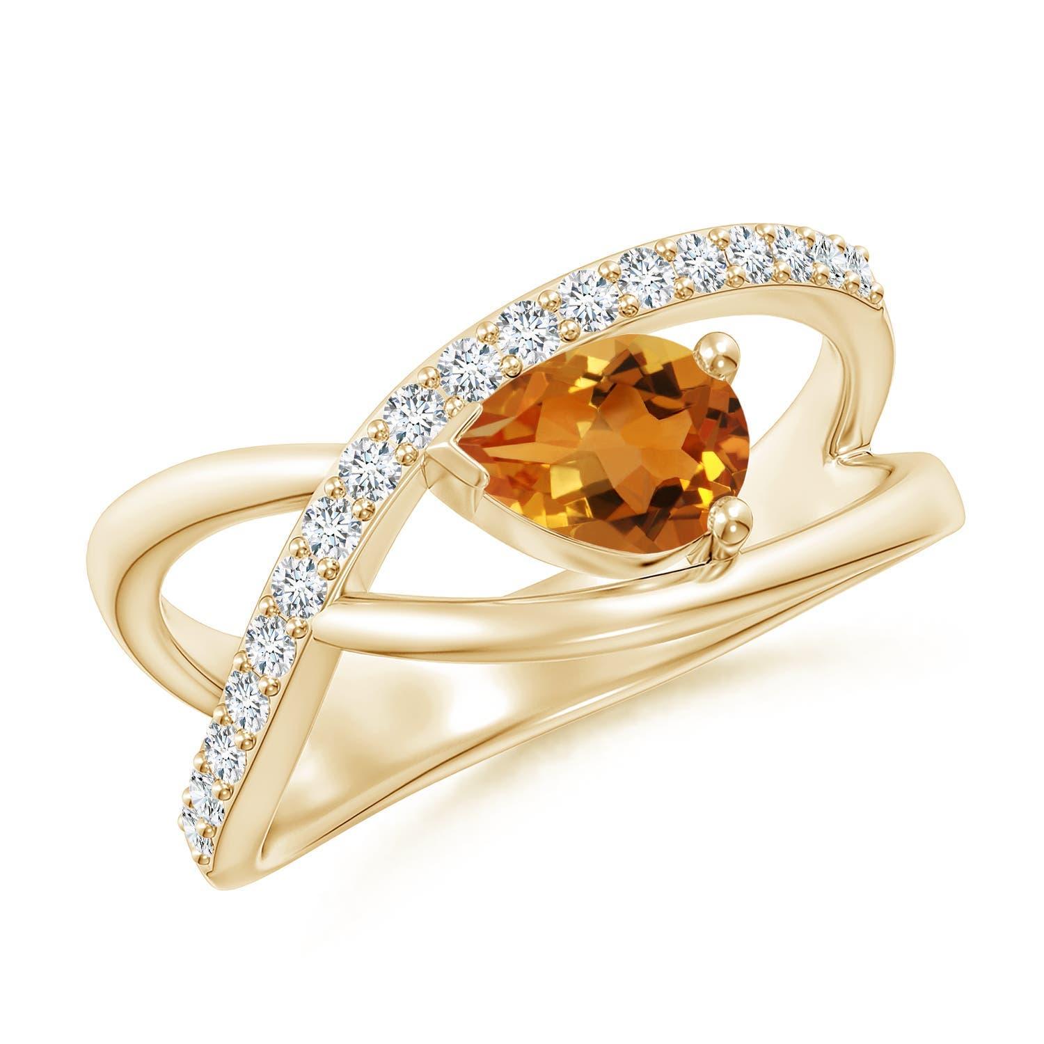 Anello Angara con Citrino Naturale a Forma di Pera e Accenti di Diamante in Oro Solido 14K in vendita 1