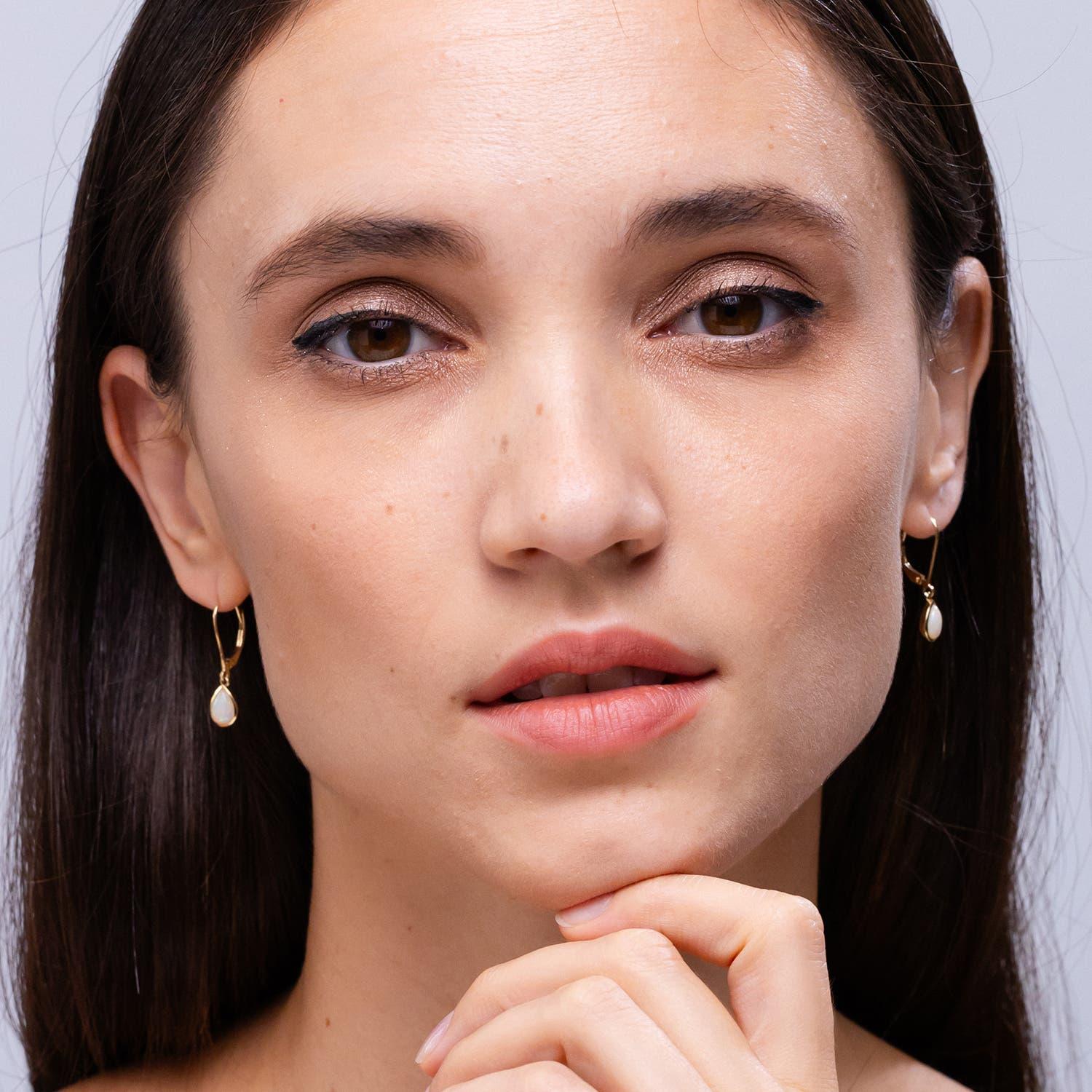 Pear Cut Angara Natural Pear-Shaped Opal Solitaire Drop Earrings in 14K Solid Gold For Sale