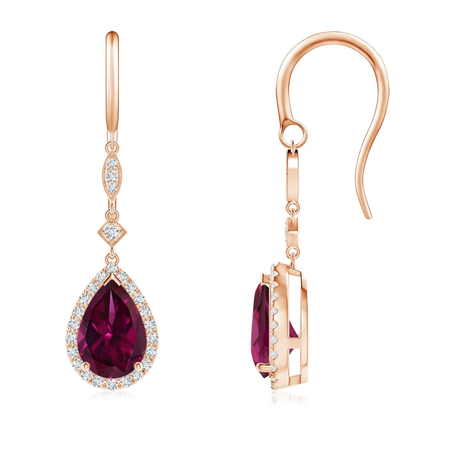 Angara - Pendants d'oreilles en rhodolite naturelle en forme de poire avec halo en diamant en or 14K Neuf - En vente à Los Angeles, CA