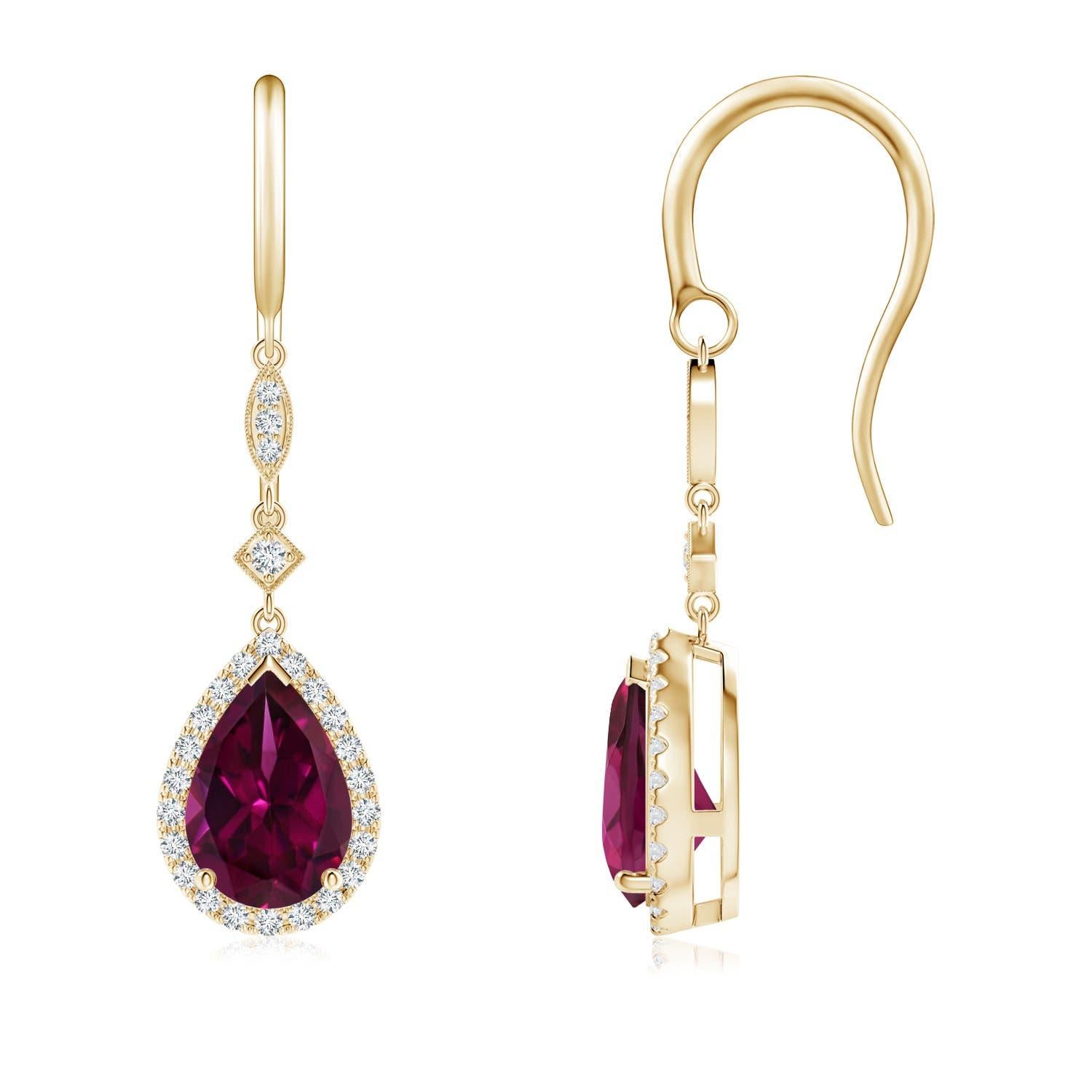 Angara - Pendants d'oreilles en rhodolite naturelle en forme de poire avec halo en diamant en or 14K Pour femmes en vente