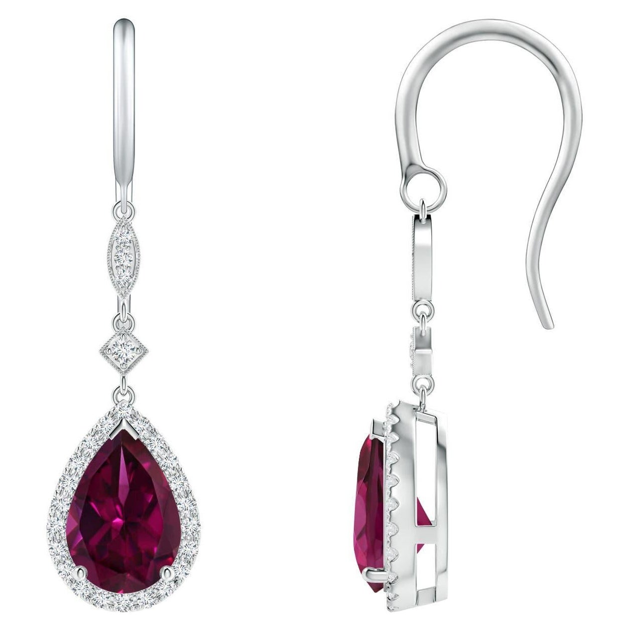 Angara - Pendants d'oreilles en rhodolite naturelle en forme de poire avec halo en diamant en or 14K en vente