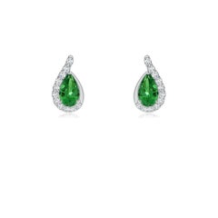 Angara Natural Pear Tsavorite Earrings with Diamond Swirl Frame in 14K Gold