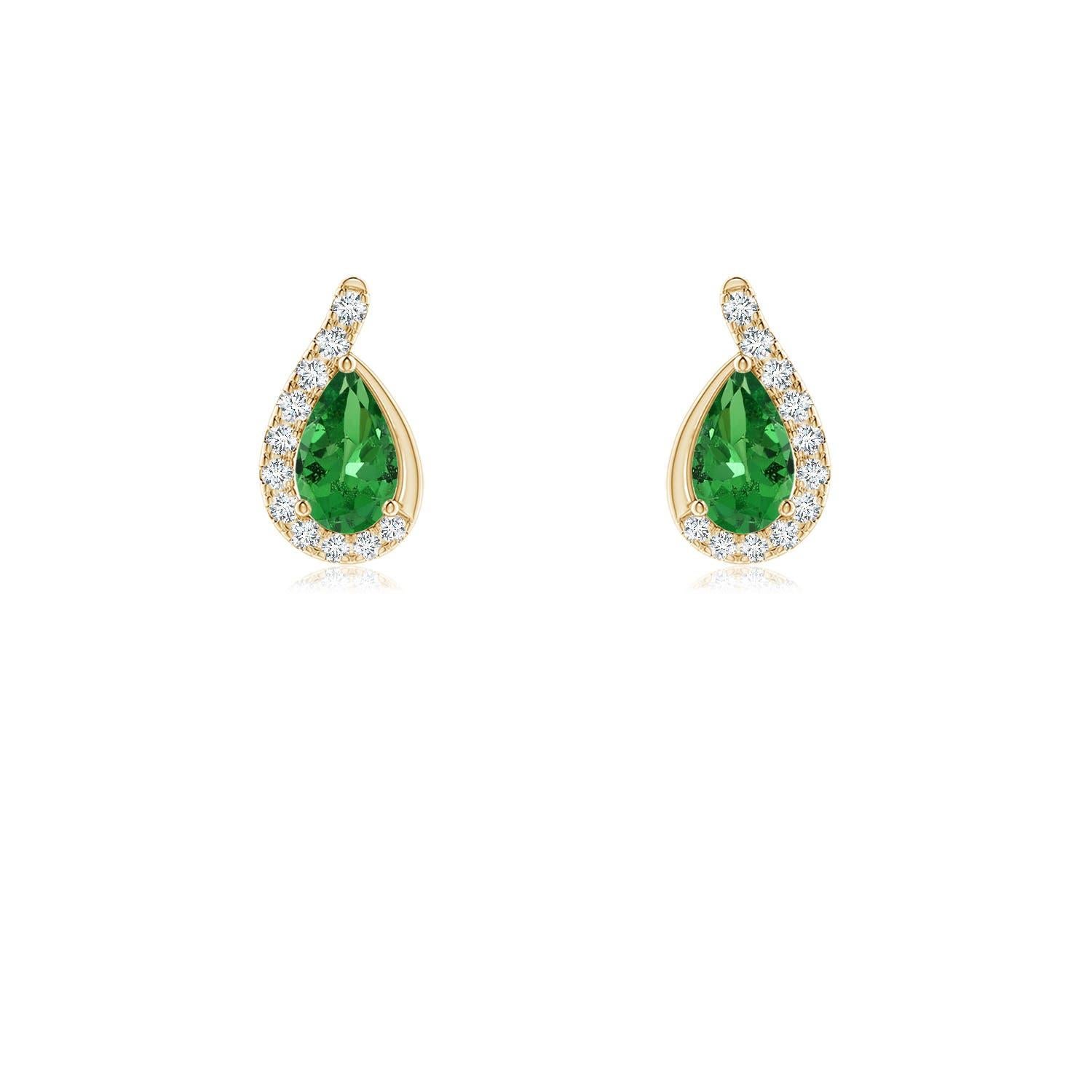 Boucles d'oreilles Angara en or 14 carats, poire naturelle et tsavorite, avec monture tourbillonnante en diamant en vente 1