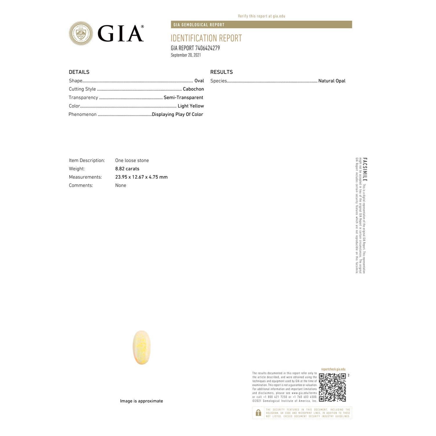 Moderno Anello di opale ovale solitario certificato GIA di Angara Nature con incastonatura a pioli e 8,82ct in oro 14K in vendita