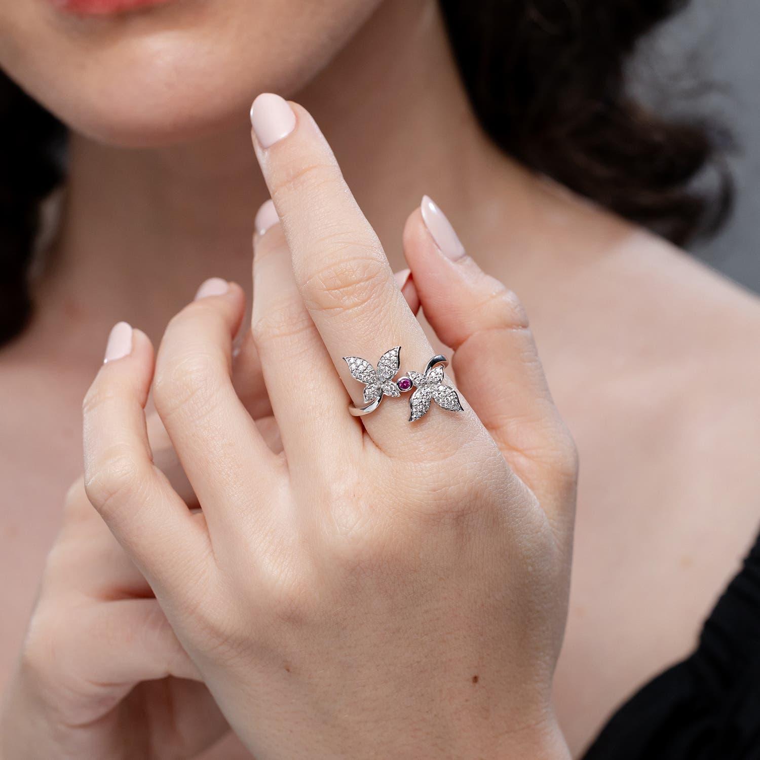 Round Cut Angara Natural Pink Sapphire and Diamond Double Butterfly Ring in 14K Solid Gold For Sale