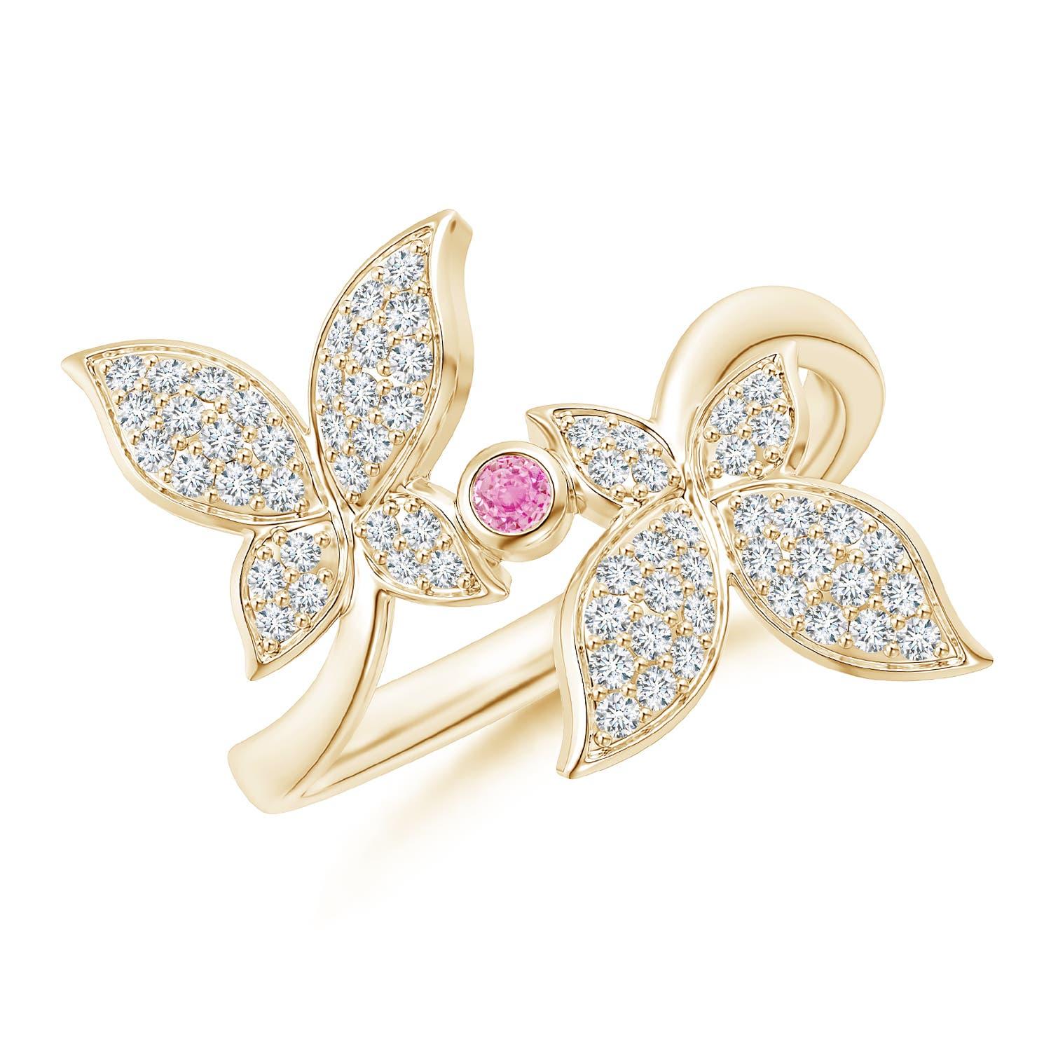 Angara Natural Pink Sapphire and Diamond Double Butterfly Ring in 14K Solid Gold For Sale 2