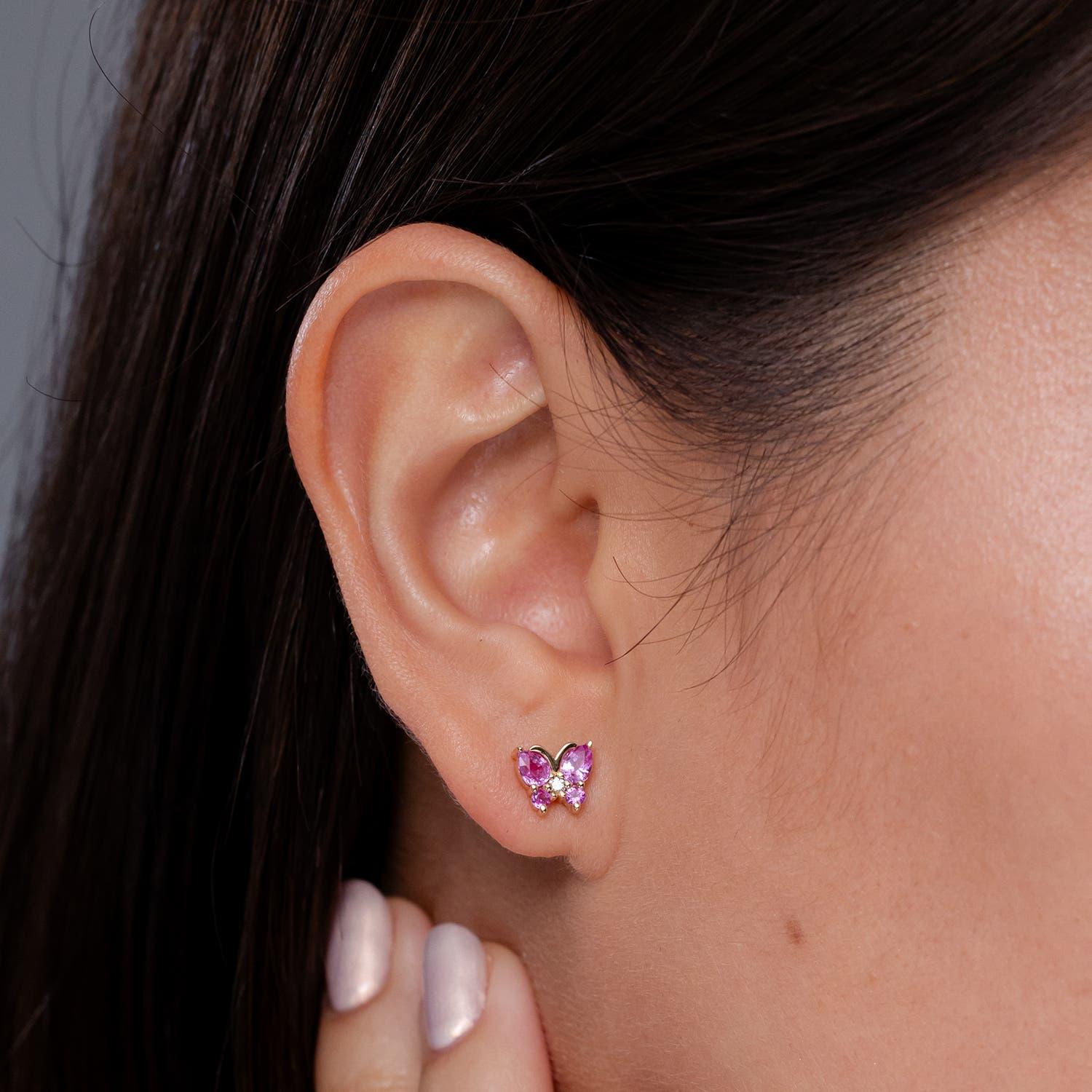 Modern Angara Natural Pink Sapphire Butterfly Stud Earrings with Diamond in 14K Gold For Sale