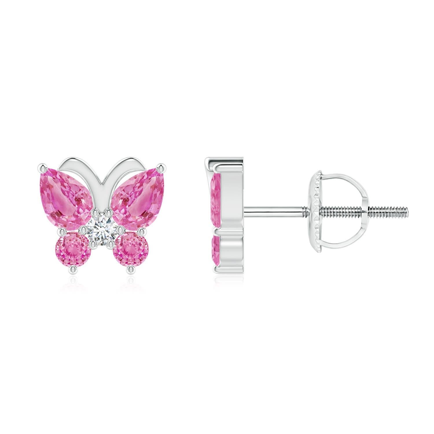 Pear Cut Angara Natural Pink Sapphire Butterfly Stud Earrings with Diamond in 14K Gold For Sale