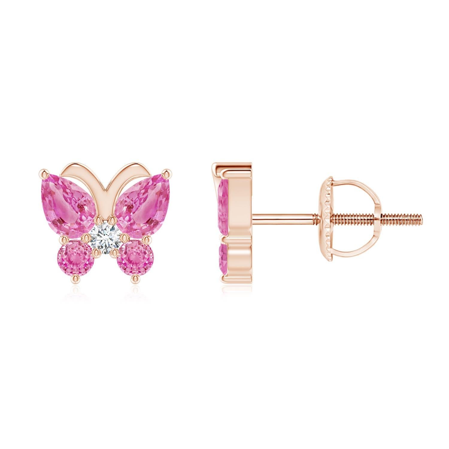 Angara Natural Pink Sapphire Butterfly Stud Earrings with Diamond in 14K Gold In New Condition For Sale In Los Angeles, CA
