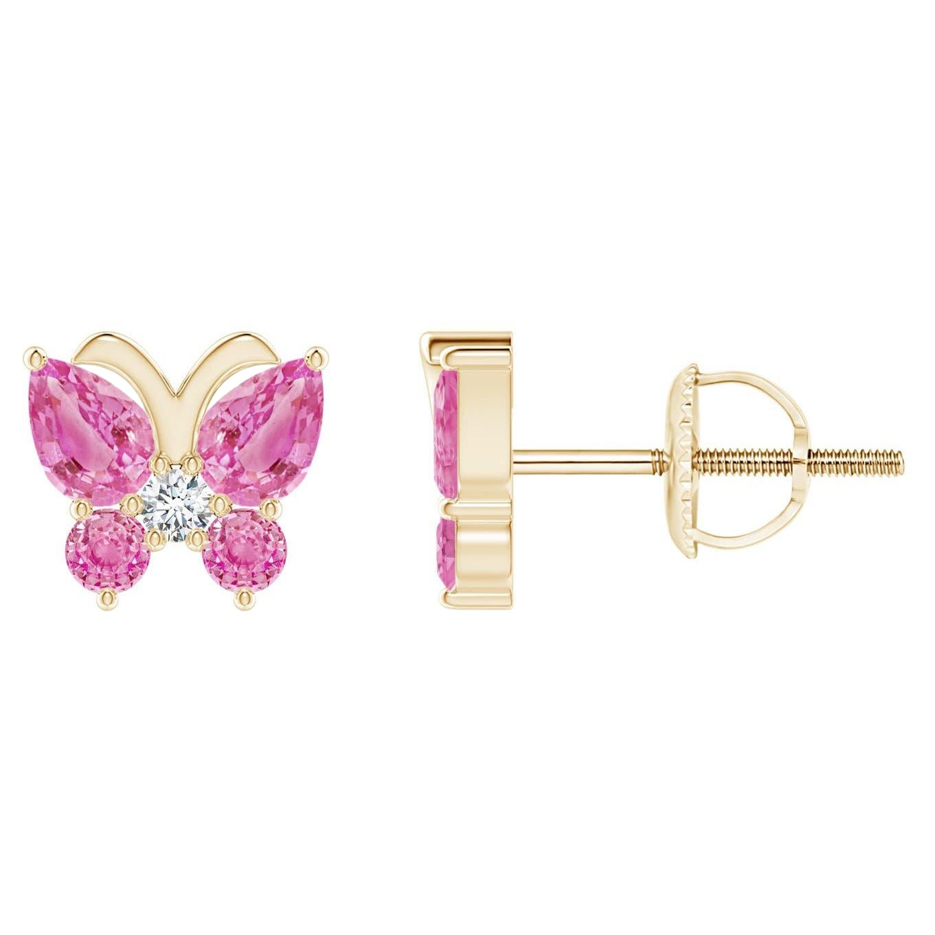 Angara Natural Pink Sapphire Butterfly Stud Earrings with Diamond in 14K Gold For Sale