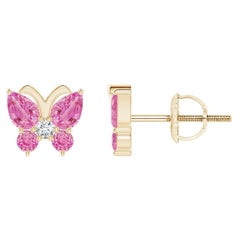 Angara Natural Pink Sapphire Butterfly Stud Earrings with Diamond in 14K Gold