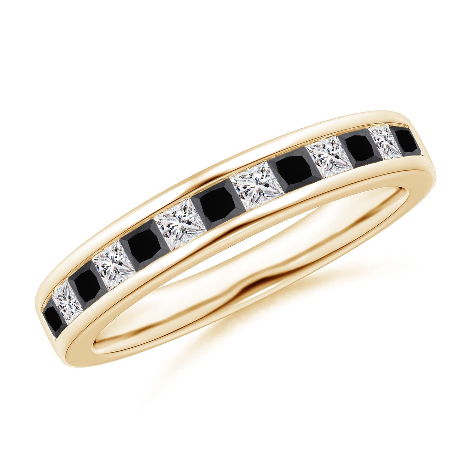 Anello a mezza eternità con diamante bianco e nero taglio principessa naturale Angara in oro 14K in vendita 1