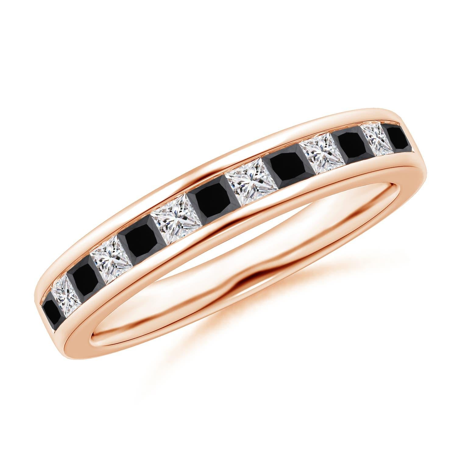 Anello a mezza eternità con diamante bianco e nero taglio principessa naturale Angara in oro 14K in vendita 2